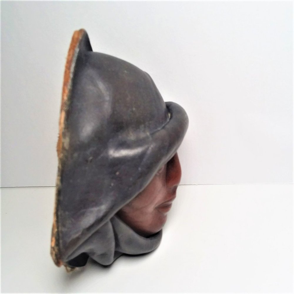 Leather Face Mask VTG Handmade Signed Wall Hanging Folk Art 3D Molded Sculpture - Picture 4 of 6